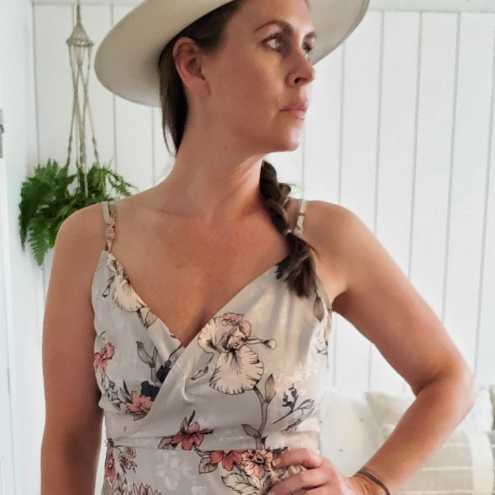 Silver metallic dress with blush and pink flowers